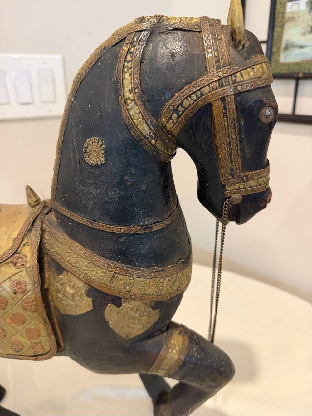 Antique Vintage Hand Carved Wood Horse Copper and Brass Overlay India - Picture 14 of 16
